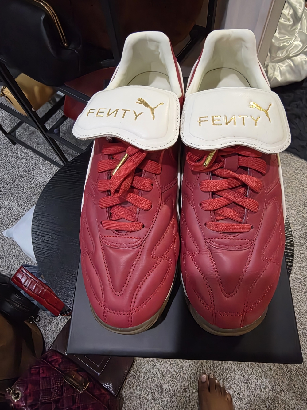 New PUMA FENTY Women Red Leather Sneakers with White Gold-Logo Strap